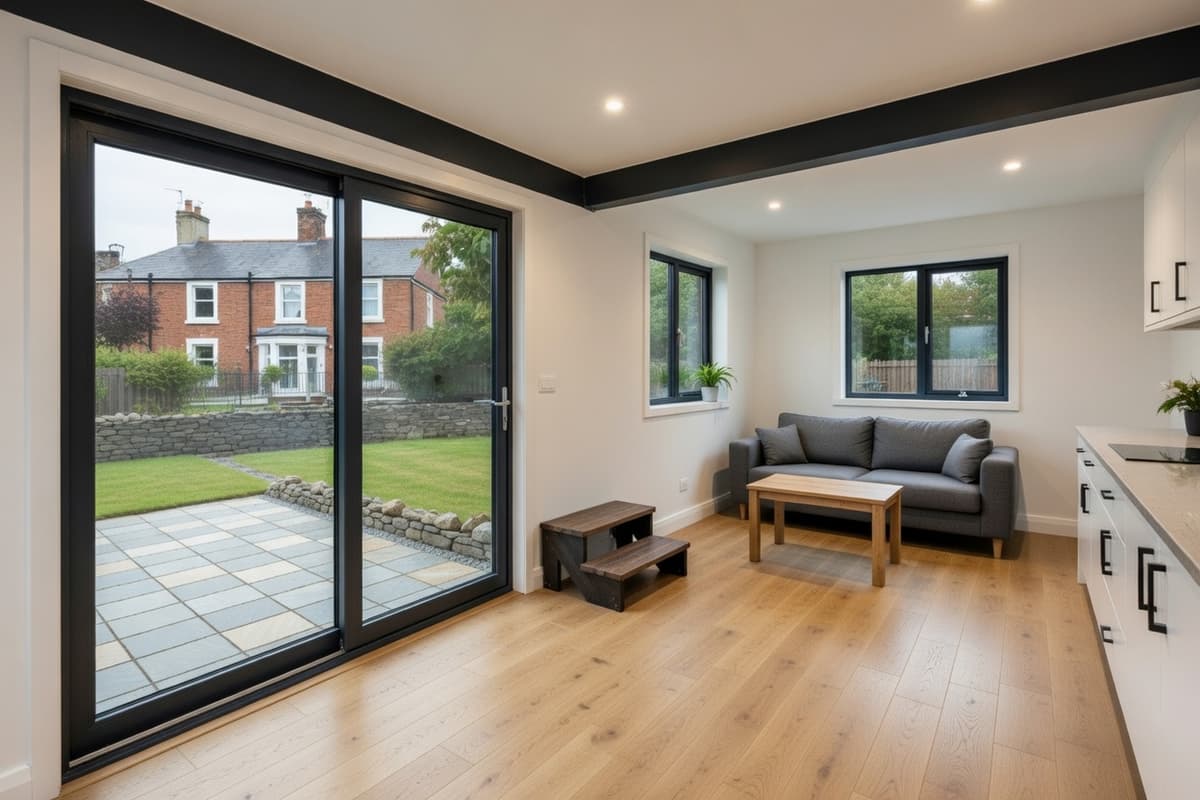 Bright open-plan garden room interior with sliding doors to garden