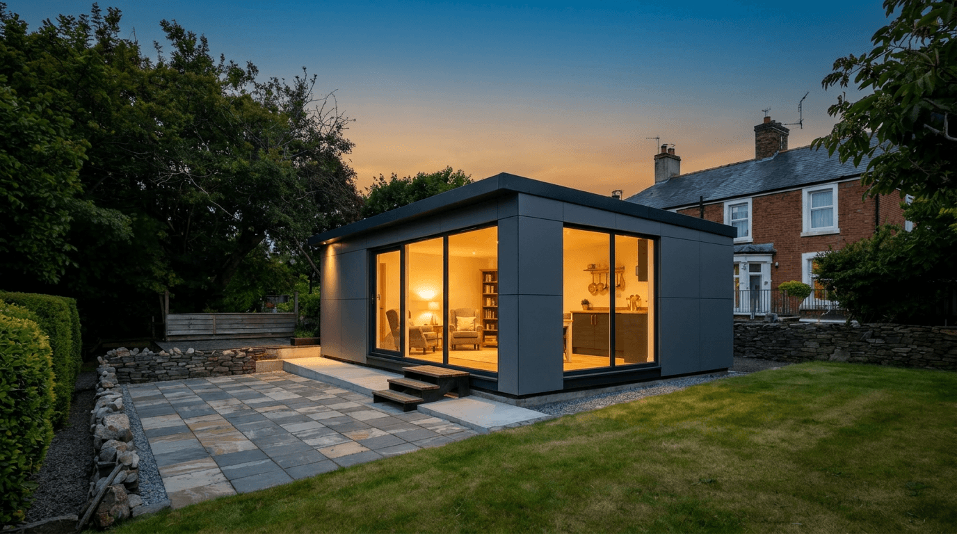 Modern modular home at dusk with warm interior lighting in an Irish garden